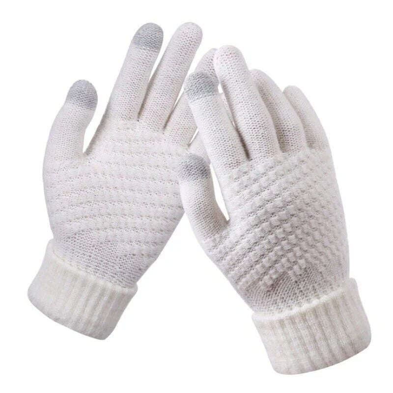 Weiße Touchscreen-Handschuhe, gestrickt, rutschfest, für Winter, Smartphone-kompatibel.