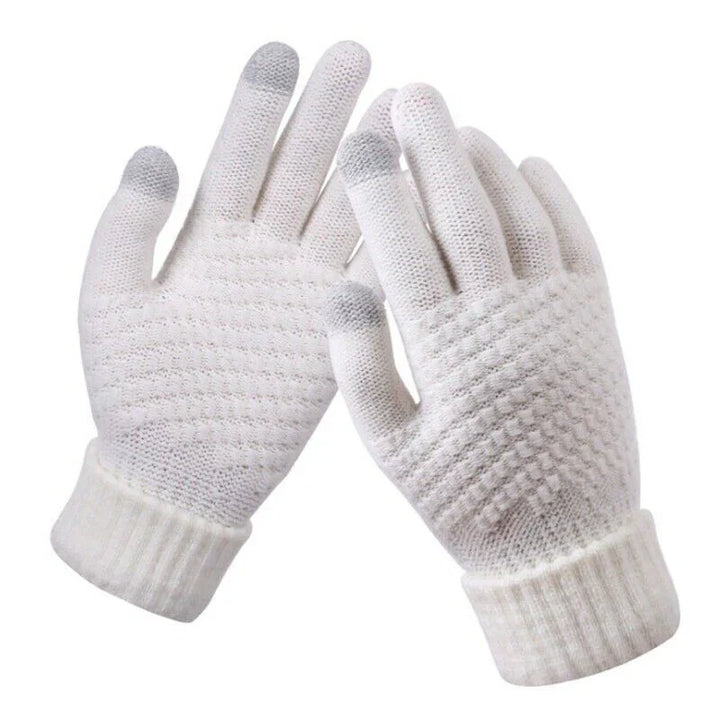 Weiße Touchscreen-Handschuhe, gestrickt, rutschfest, für Winter, Smartphone-kompatibel.
