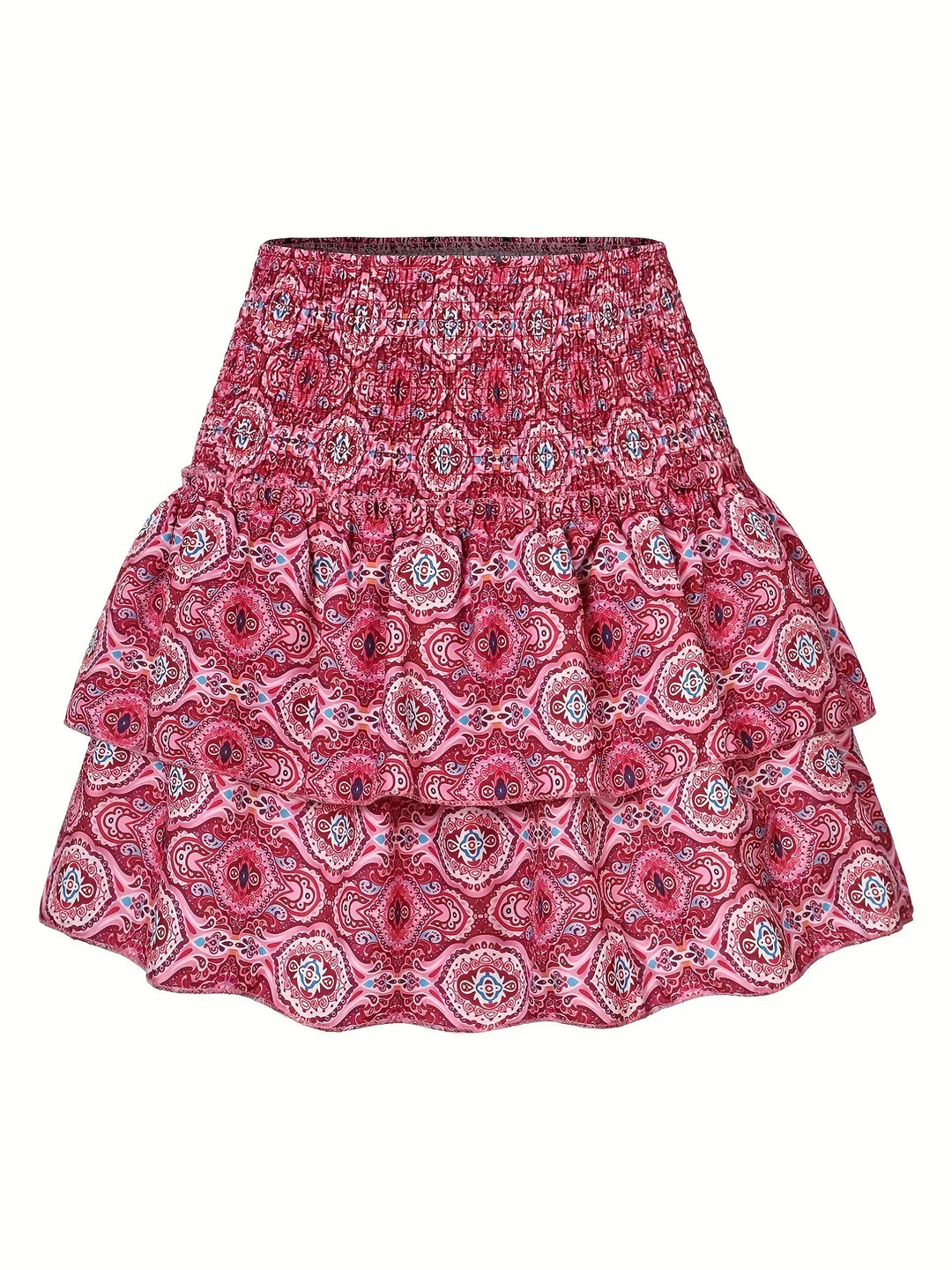 Roter Damenrock mit Paisley-Muster, Rüschen, elastischer Bund, Sommermode, Boho-Stil.