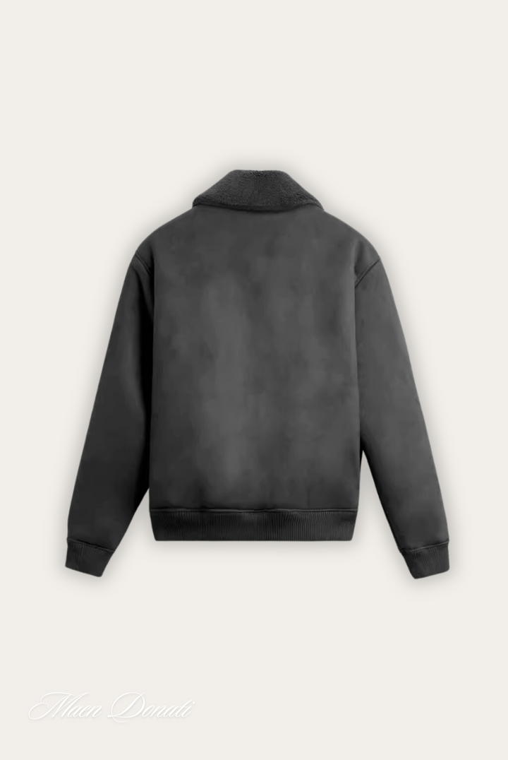 Schwarze Herrenjacke aus Leder mit Kragen, Rückansicht, modisch, warm, elegant.