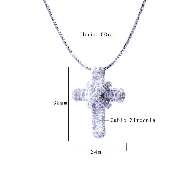 Silberne Kreuzkette mit Zirkonia, 50cm Länge, 32mm Anhänger, eleganter Schmuck für Damen.