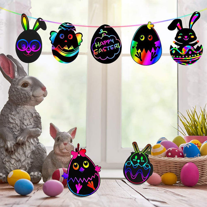 Bunte Ostereier und Hasen-Dekorationen, Fenster, Frühling, Osterdekoration, DIY Bastelset.