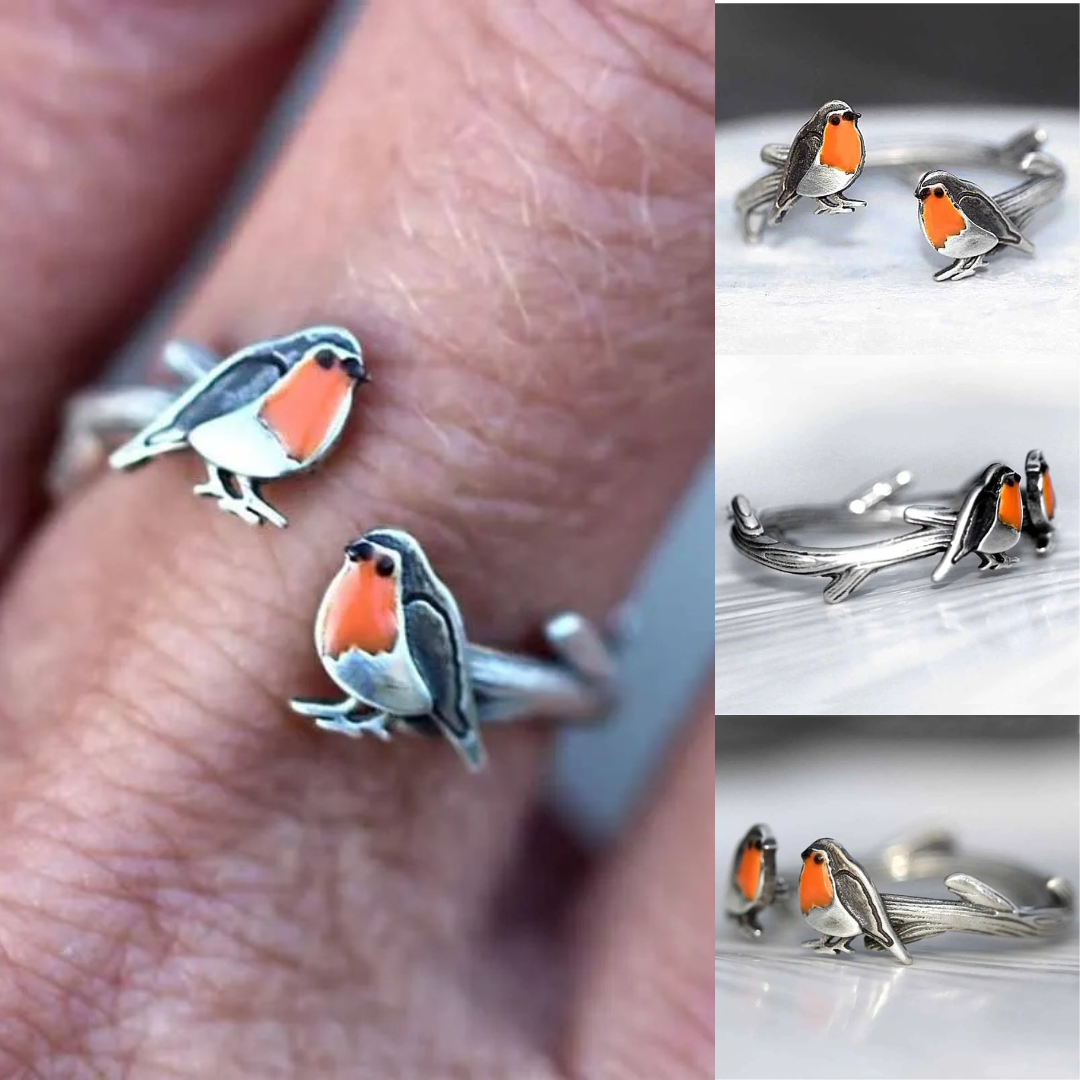 Silberring mit Rotkehlchen-Design, verstellbar, handgefertigt, Vogel-Schmuck, Geschenkidee.
