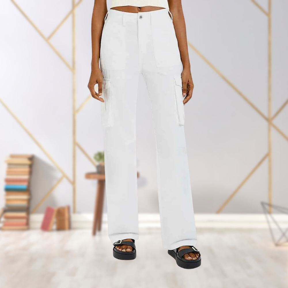 Weiße Damen-Cargohose, hohe Taille, weites Bein, Taschen, modisch, bequem, Freizeitkleidung.