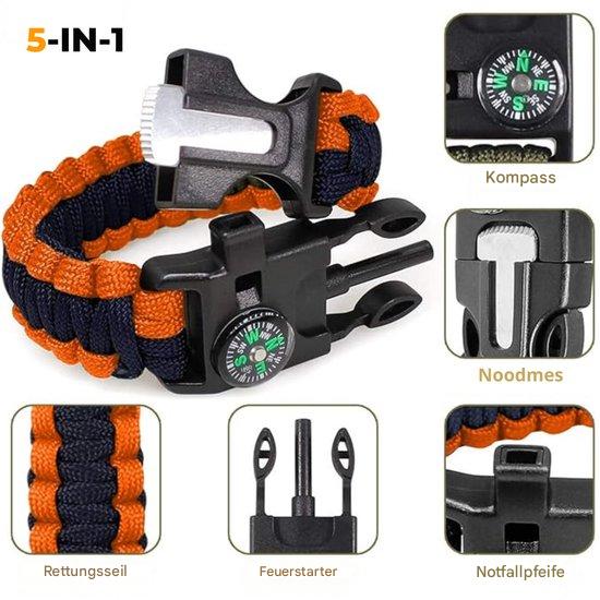 5-in-1 Survival-Armband, orange-schwarz, mit Kompass, Feuerstarter, Notfallpfeife, Rettungsseil.