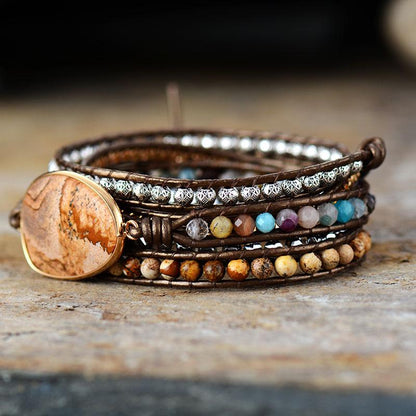 5-Strang Lederarmband mit Halbedelsteinen, Boho-Stil, handgefertigt, mehrfarbig, Damen-Schmuck