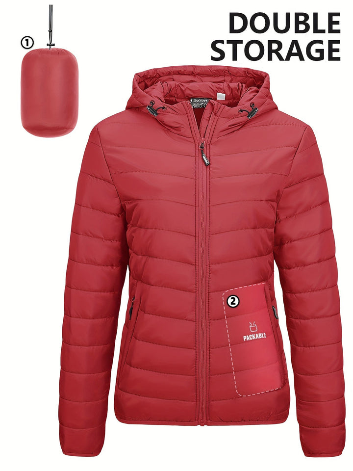 Rote Damen-Daunenjacke mit Kapuze, leicht, packbar, doppelte Aufbewahrungstaschen.