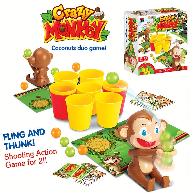 Spiel "Crazy Monkey" mit Affenfigur, gelben und roten Bechern, Wurfspiel für zwei Personen.
