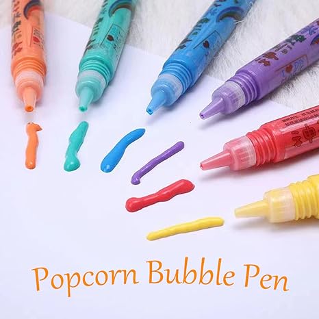 Farbige Popcorn Bubble Stifte auf Papier, ideal für kreative Bastelprojekte und Zeichnungen.