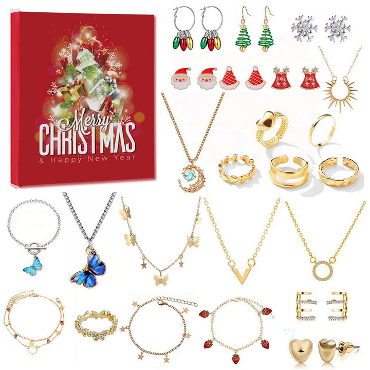 Weihnachtsschmuck-Set mit Halsketten, Ohrringen, Armbändern, Ringen in Gold und Silber.