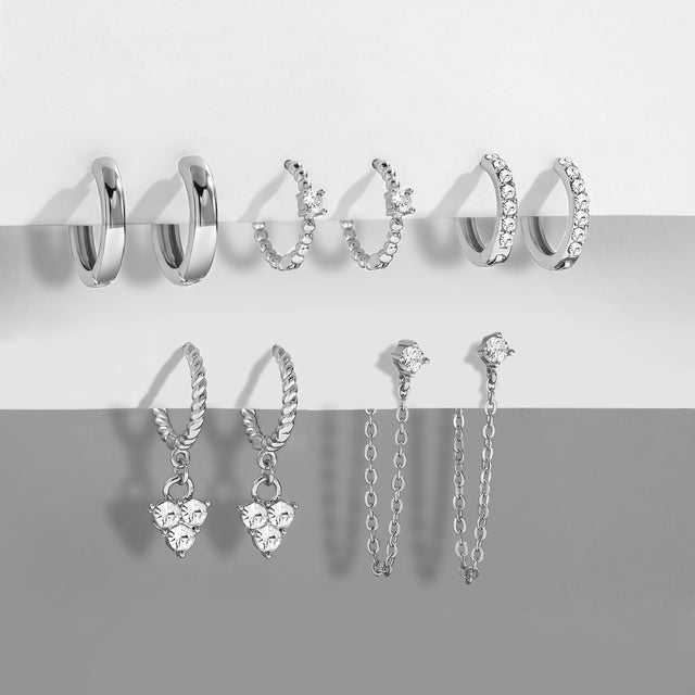 5-teiliges Set Retro Herz Anhänger CZ Ohrringe, silberne Creolen, Damen Schmuck.