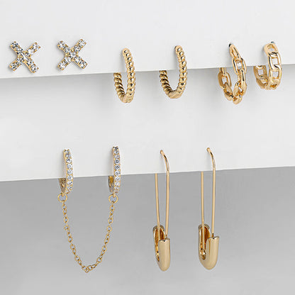 5-teiliges Set goldene Ohrringe, Herzanhänger, Zirkonia, Damen, modisch, Retro-Stil.