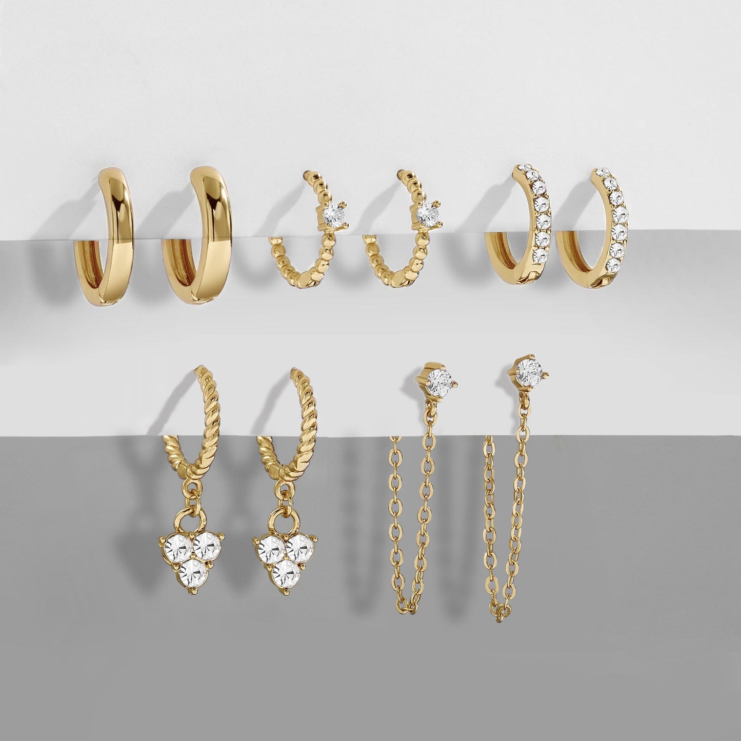 5-teiliges Set goldene Ohrringe mit Herzanhänger und Zirkonia, Damen Schmuck, Retro-Stil.