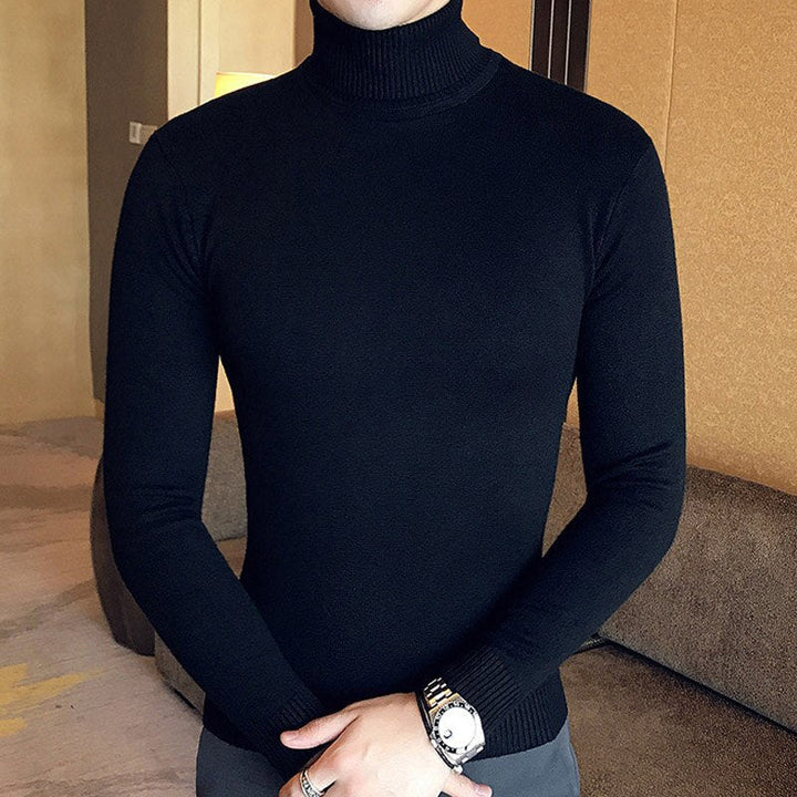Schwarzer Rollkragenpullover Herren, langärmelig, elegant, aus Baumwolle, modisch.