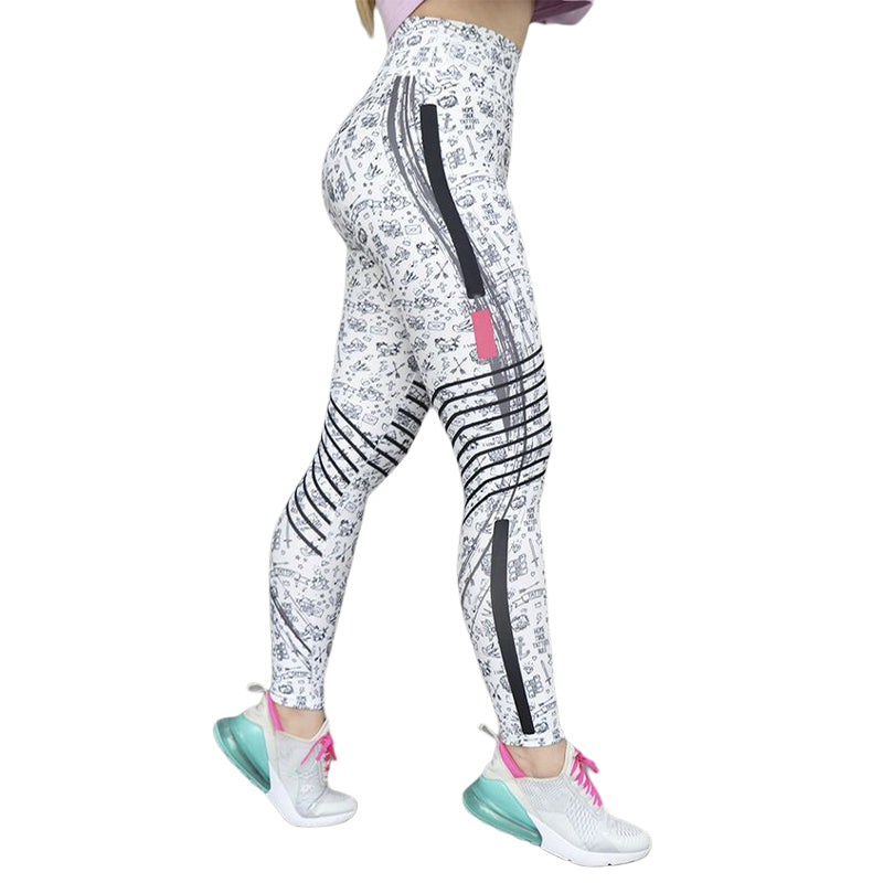 Weiße Damen-Leggings mit schwarzem Muster, hoher Taille und Reißverschluss, Sportbekleidung.