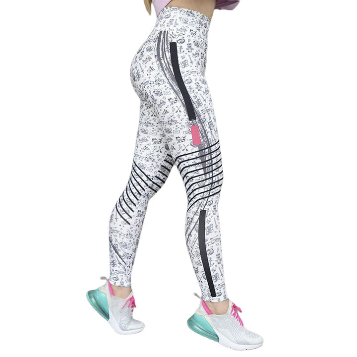 Weiße Damen-Leggings mit schwarzem Muster, hoher Taille und Reißverschluss, Sportbekleidung.