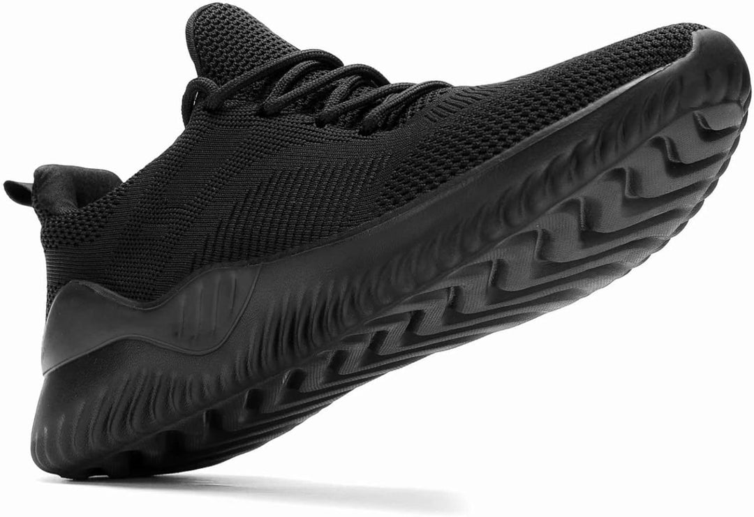 Schwarzer Sportschuh, atmungsaktives Mesh, rutschfeste Sohle, ideal für Laufen und Fitness.