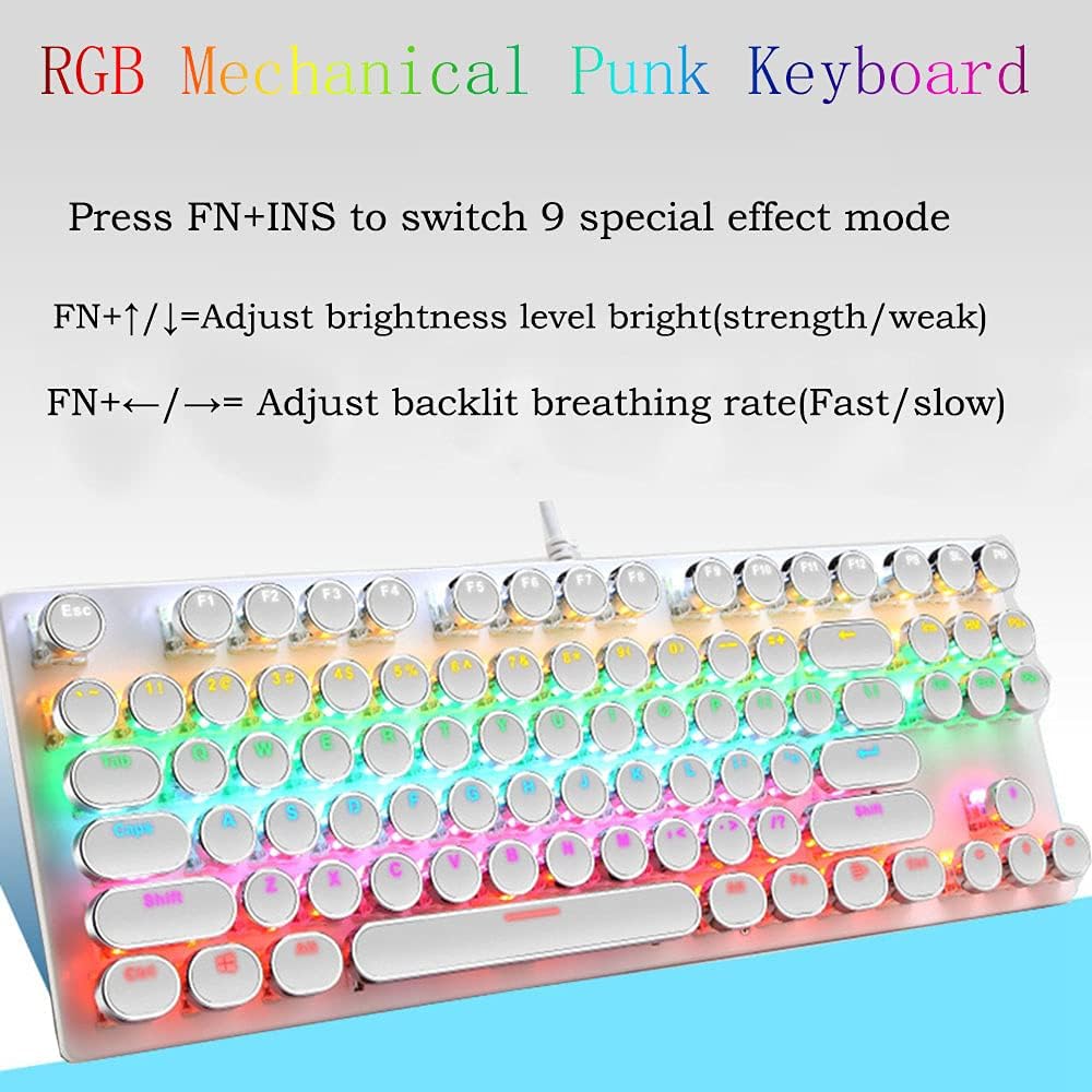 Mechanická herní klávesnice s 87 klávesami, RGB podsvícením a modrými spínači.
