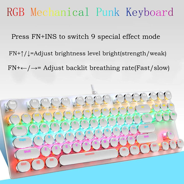 Mechanická herní klávesnice s 87 klávesami, RGB podsvícením a modrými spínači.