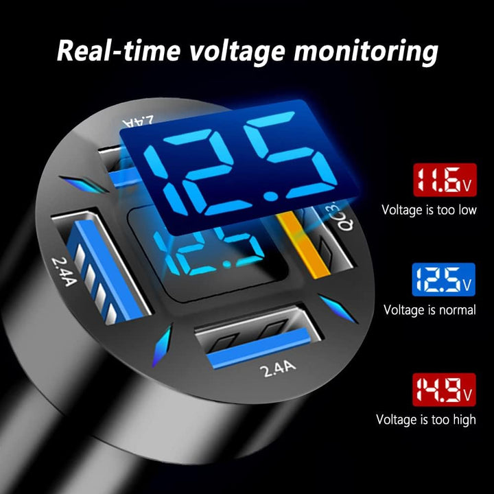 Schwarzes USB-Autoladegerät mit digitalem Spannungsmonitor, LED-Anzeige, Mehrfachanschlüsse.