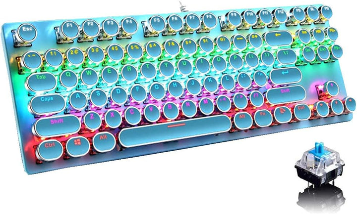 Mechanická herní klávesnice s 87 klávesami, RGB podsvícením a modrými spínači.