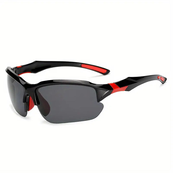 Schwarze Sportsonnenbrille mit roten Akzenten, polarisierten Gläsern, UV-Schutz, Unisex-Design.