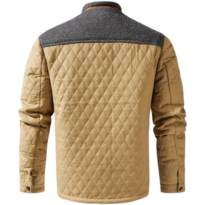 Beige gesteppte Jacke mit grauem Schulterbereich, Herrenmode, Winterbekleidung, Rückansicht.