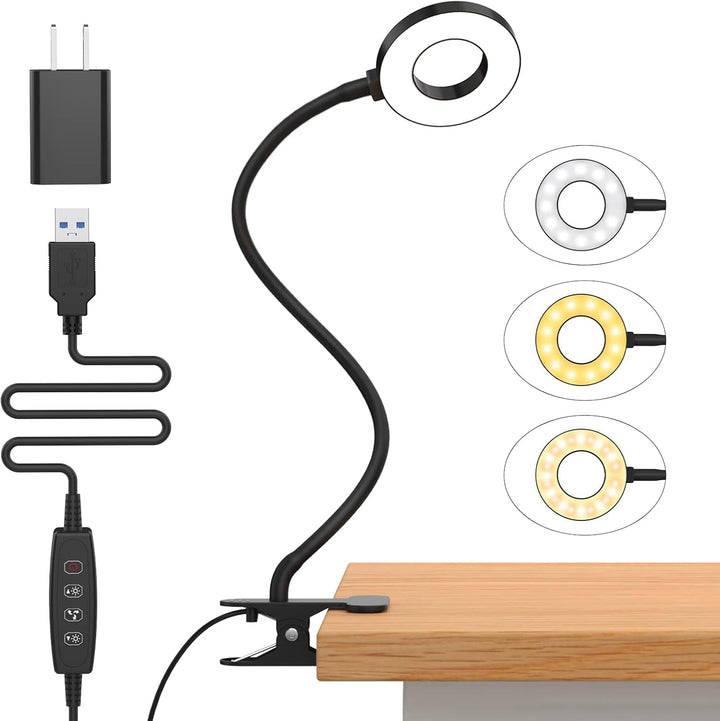 LED stolní lampička s klipem, 3 barevné režimy, s flexibilním husím krkem – Selvara (1+1 ZDARMA)