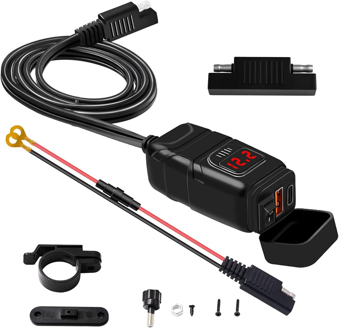 Motocyklová USB a USB‑C rychlonabíječka s voltmetrem – Drayvik