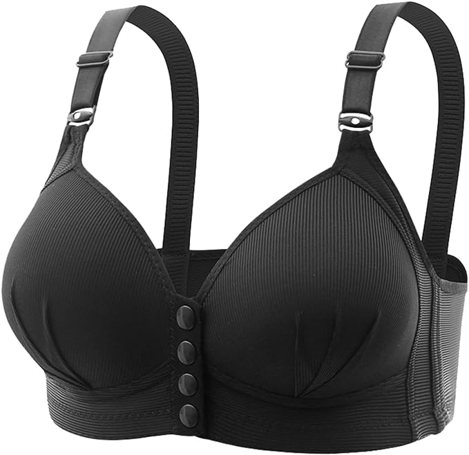 Schwarzer Damen-BH mit verstellbaren Trägern, Knöpfen, nahtlos, bequem, stützend.