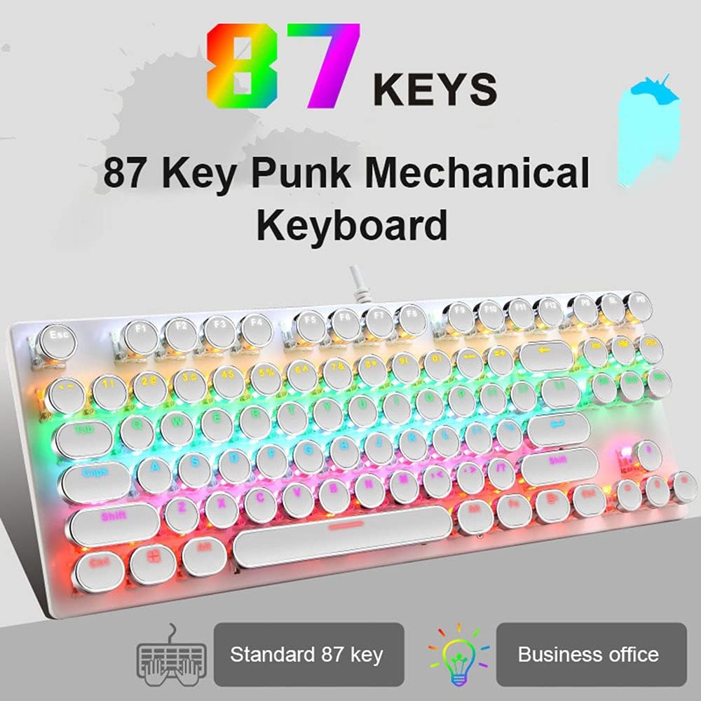 Mechanická herní klávesnice s 87 klávesami, RGB podsvícením a modrými spínači.