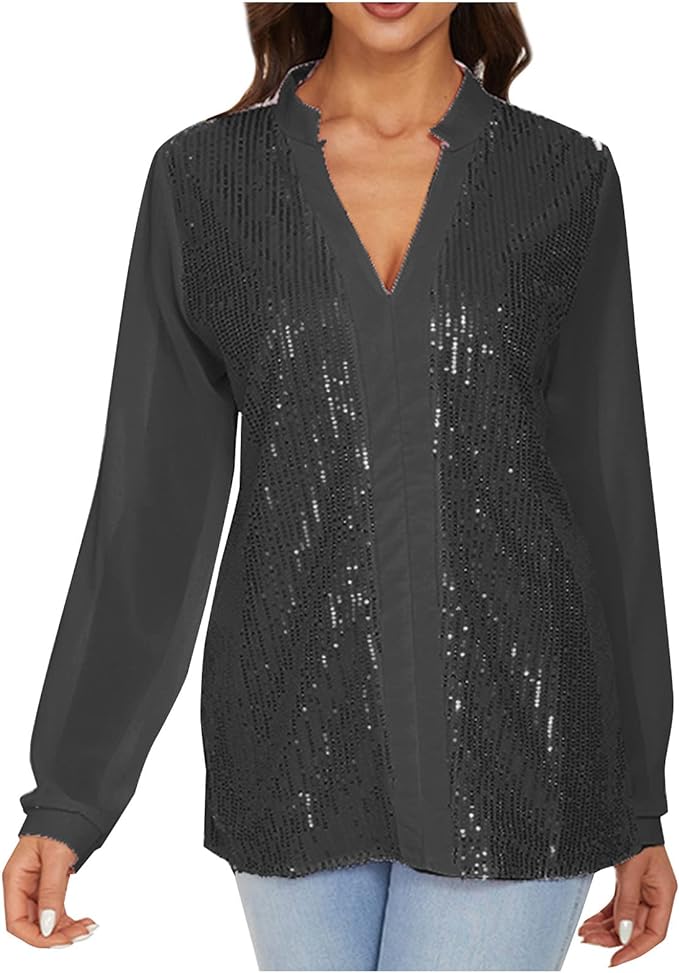 Damenbluse schwarz, Pailletten, V-Ausschnitt, lange Ärmel, elegant, festlich, modisch.
