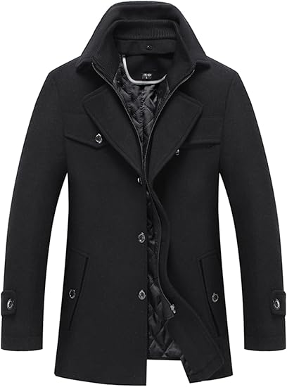 Schwarzer Herrenmantel, Wollmischung, elegantes Design, Knopfleiste, Wintermode.