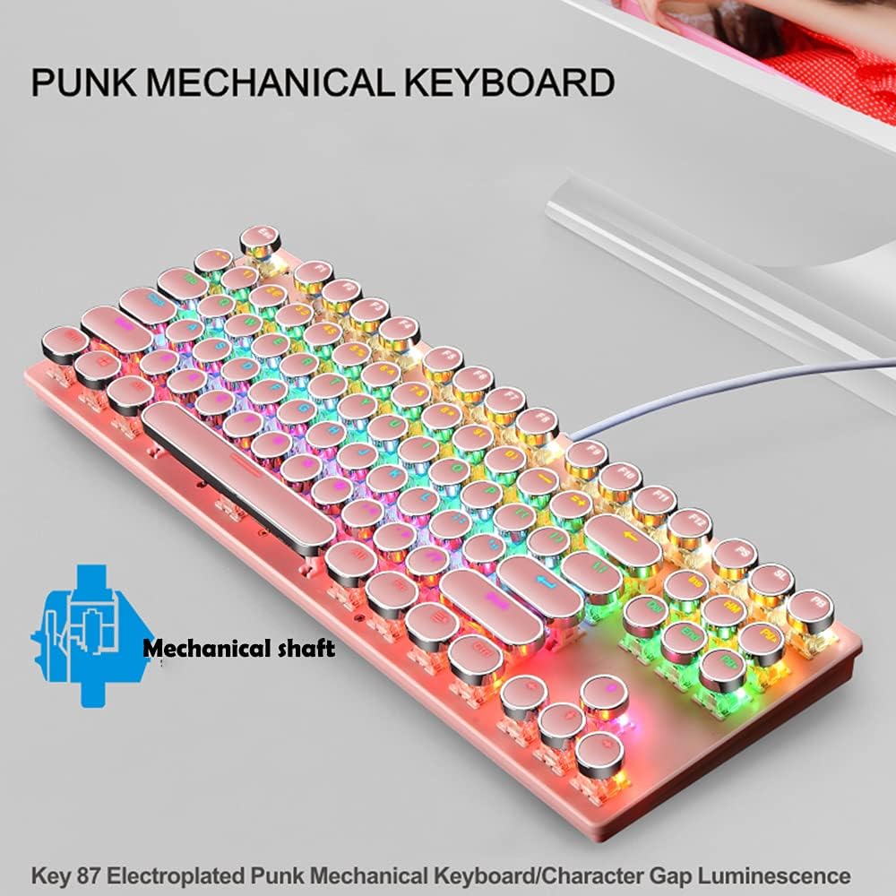 Mechanická herní klávesnice s 87 klávesami, RGB podsvícením a modrými spínači.