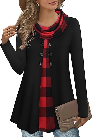 Damenpullover schwarz mit rotem Karomuster, Knöpfen, Schal, Herbstmode, elegant, lässig.