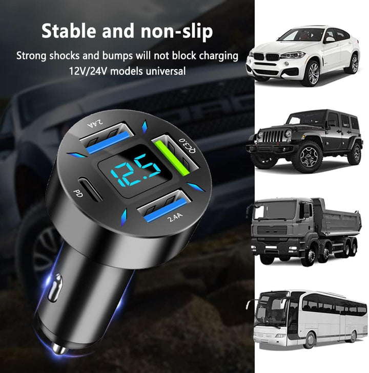 Schwarzes Auto-Ladegerät mit LED-Anzeige, Dual-USB-Anschlüssen, 12V/24V, universell einsetzbar.