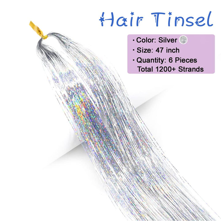 Silbernes Haartinsel, 47 Zoll, 6 Stück, 1200+ Strähnen, glänzend, Haarverlängerung.