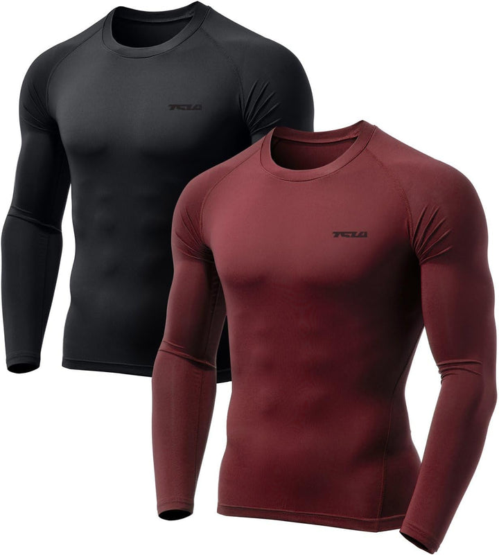 Zwei langärmlige Kompressionsshirts, schwarz und rot, für Herren, ideal für Sport und Fitness.