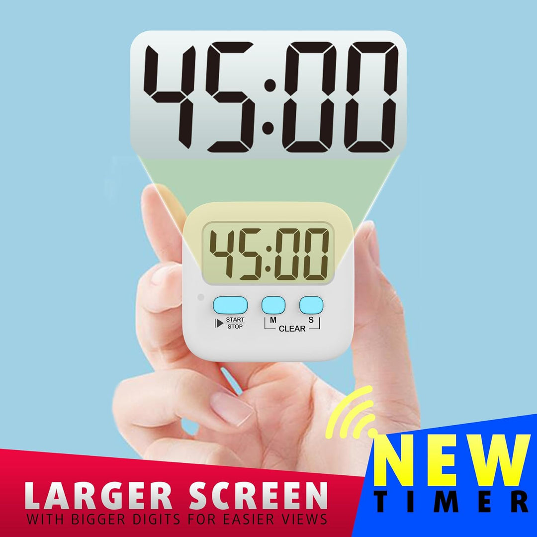 Digitaler Küchentimer, großes Display, weiß, Countdown-Funktion, einfache Bedienung.