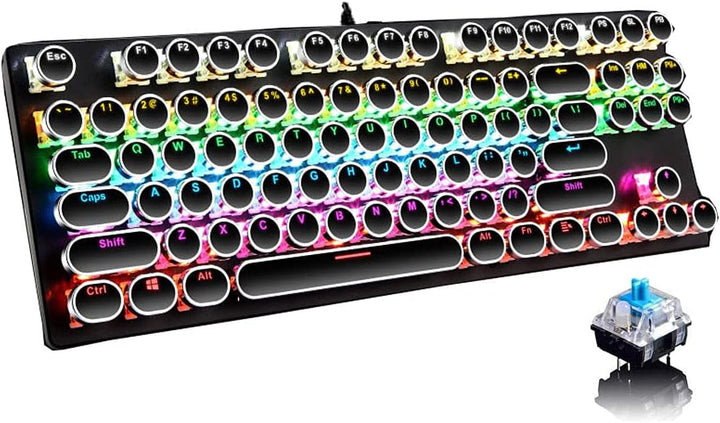 Mechanická herní klávesnice s 87 klávesami, RGB podsvícením a modrými spínači.
