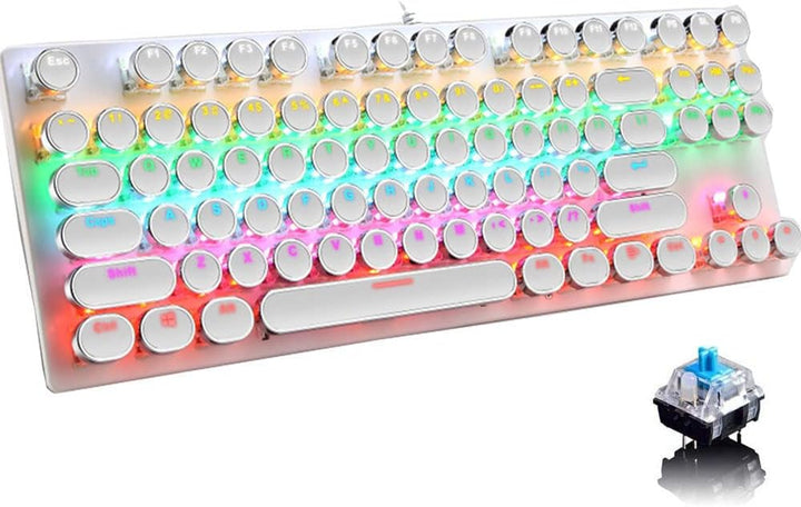Mechanická herní klávesnice s 87 klávesami, RGB podsvícením a modrými spínači.