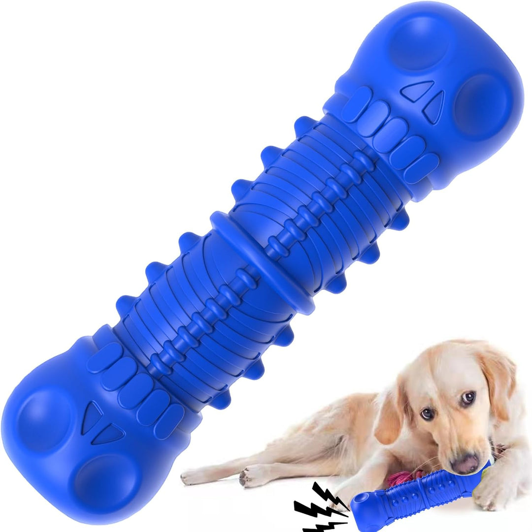 Blaues Hundespielzeug aus Gummi, Knochenform, langlebig, zahnfreundlich, für Kauen und Spielen.