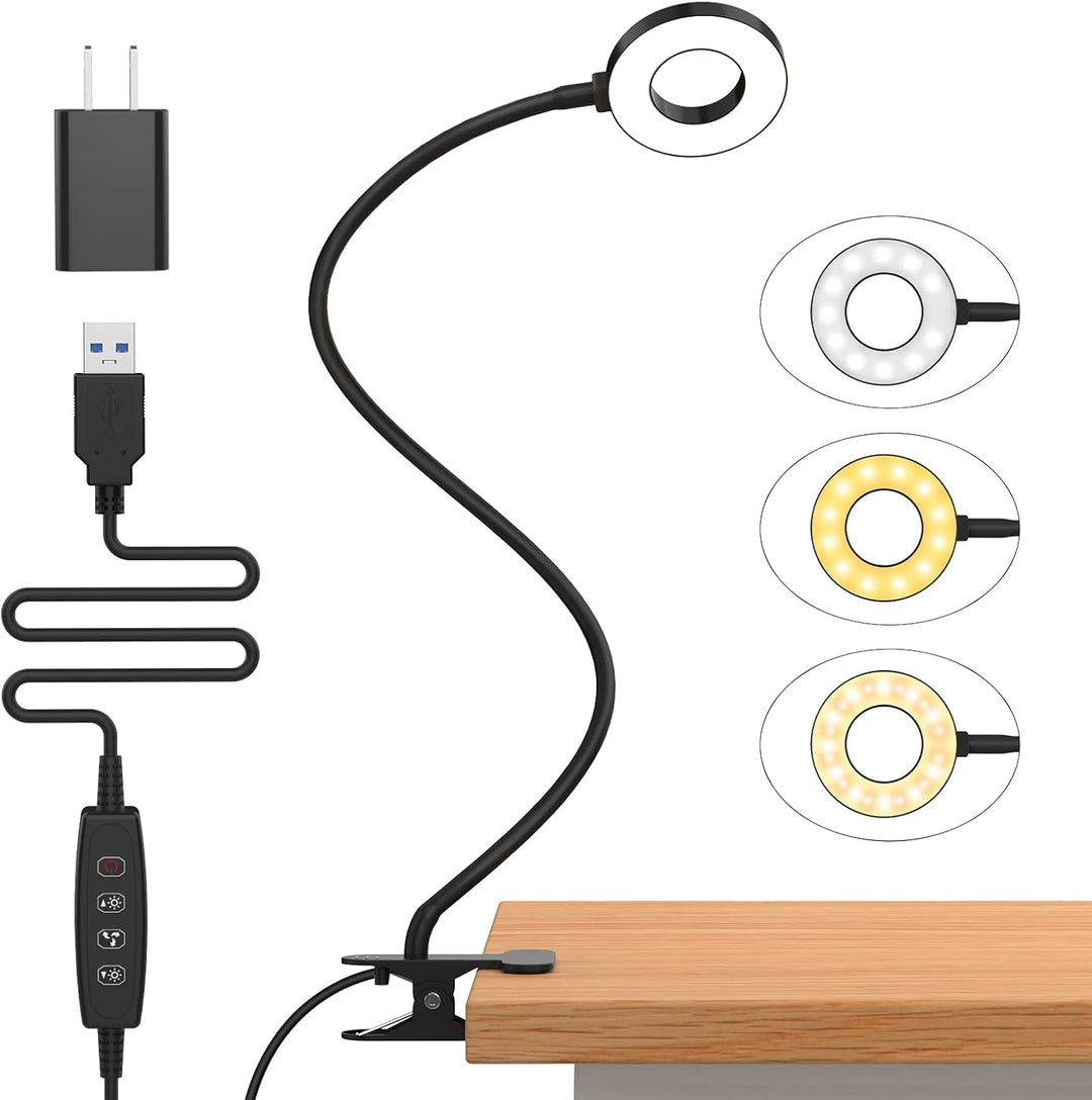 LED stolní lampička s klipem, 3 barevné režimy, s flexibilním husím krkem – Selvara (1+1 ZDARMA)