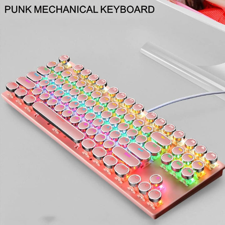 Mechanická herní klávesnice s 87 klávesami, RGB podsvícením a modrými spínači.