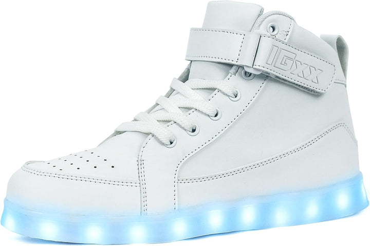 Weiße LED-Sneaker mit Klettverschluss, leuchtende Sohle, modische Schuhe für Kinder.