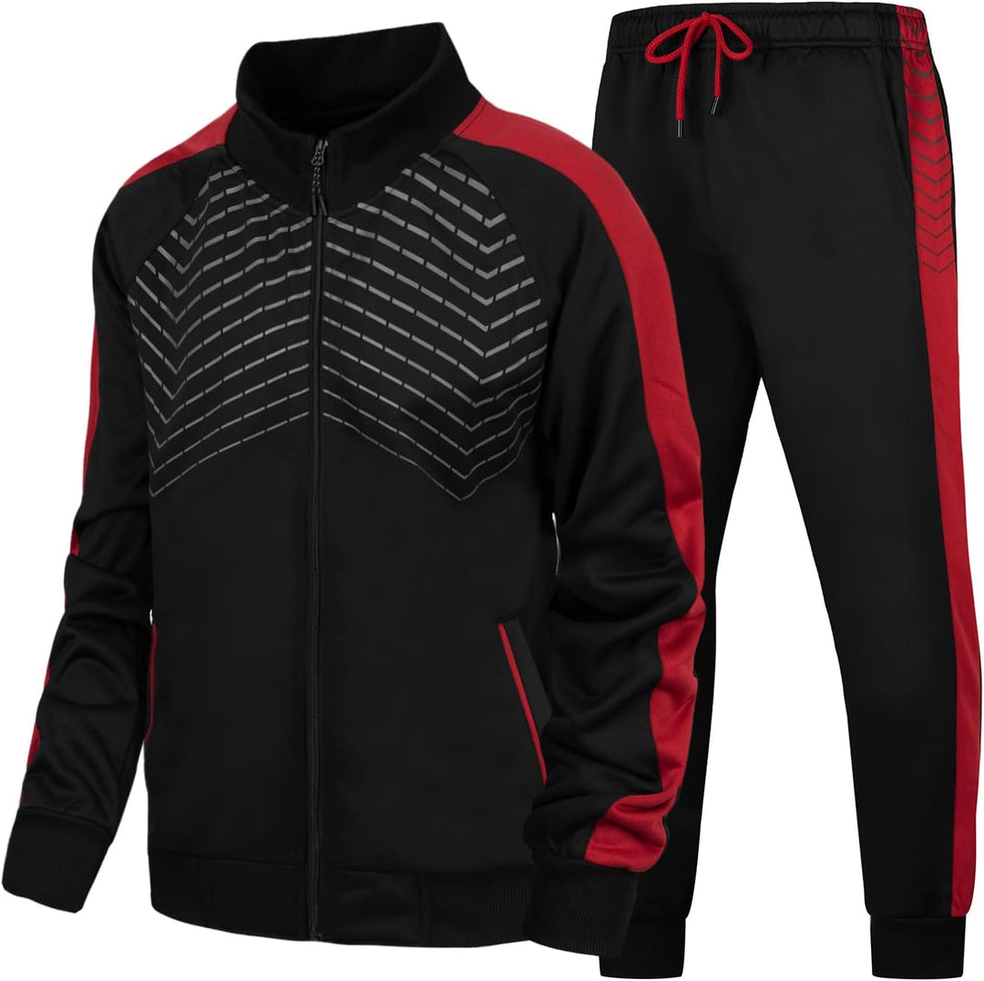 Schwarzer Trainingsanzug mit roten Streifen, Reißverschlussjacke, Sporthose, Herrenmode.