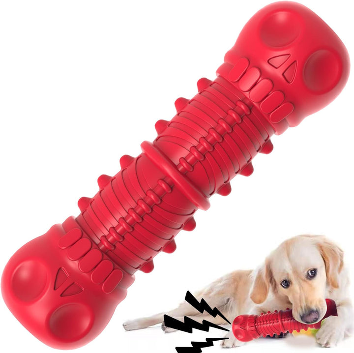 Rotes Hundespielzeug aus Gummi, langlebig, kaubar, mit Noppen, für Zahnpflege und Spielspaß.