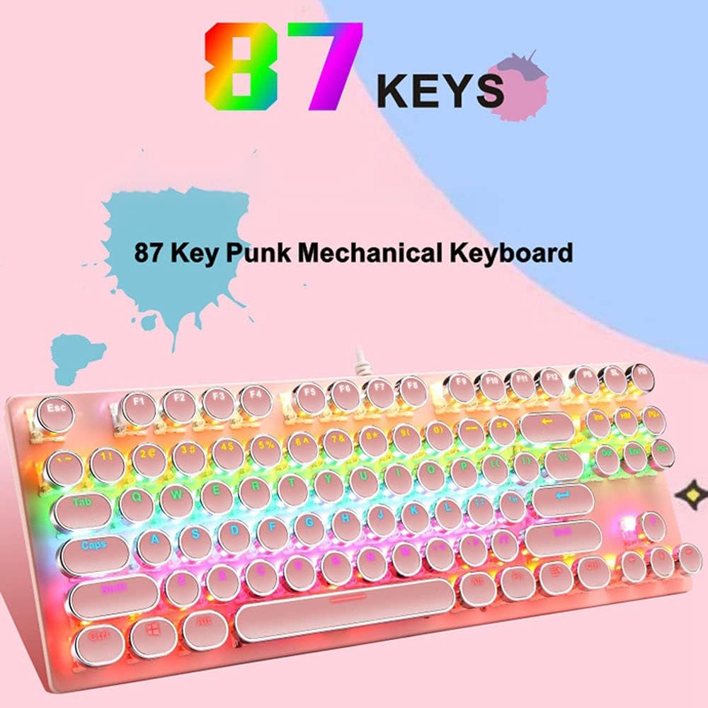 Mechanická herní klávesnice s 87 klávesami, RGB podsvícením a modrými spínači.
