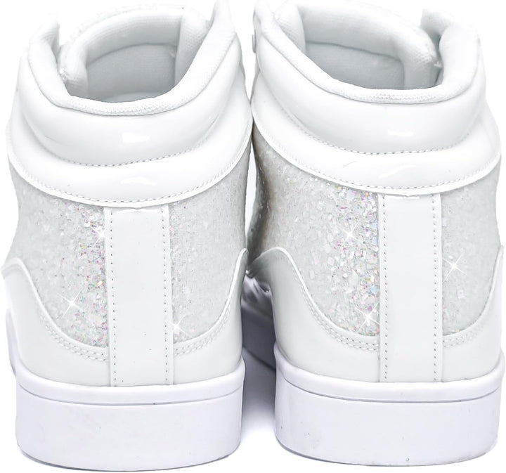 Weiße Glitzer-Sneaker, hoch, Kunstleder, modisch, Damen, Rückansicht, glänzend, trendy.