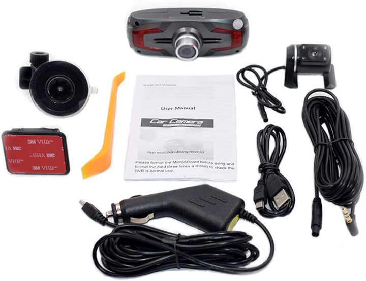 Duální dashcam s 2,7" LCD, 170° širokoúhlým zorným polem a zadní kamerou.